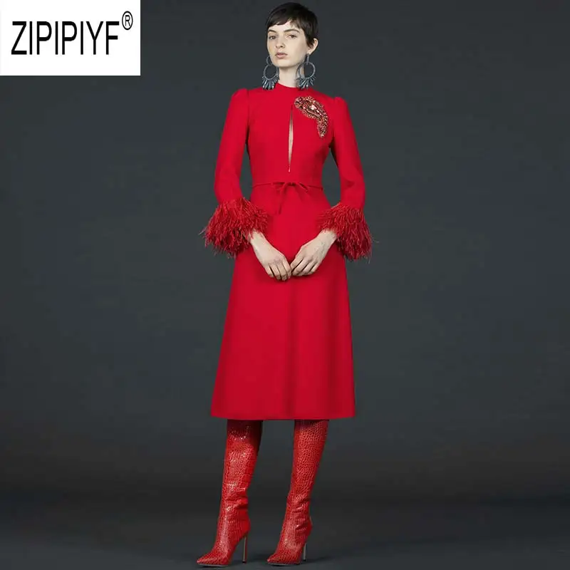 Red Уникальный дизайн, осенние женские платья с кисточками, с длинным рукавом, бандажные платья, вечерние платья с бисером, Z2574 - Цвет: Red