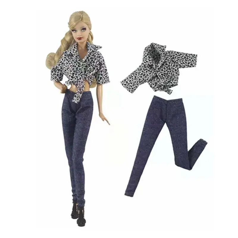

Fashion Leopard Shirt Jeans Pants 11.5" Doll Clothes For Barbie Clothes Princess Outfits Top Denim Trousers 1/6 Accessories Toys