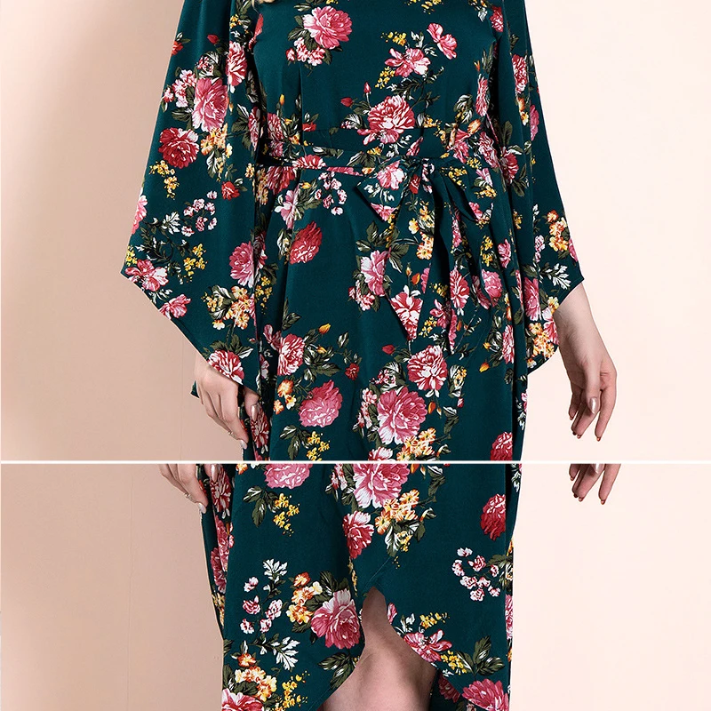 OTEN 2018 Autumn Women Fashion Clothes Long Sleeves V Neck Green Ruffle Flowers printed Casual Party Irregular Dress | Женская одежда