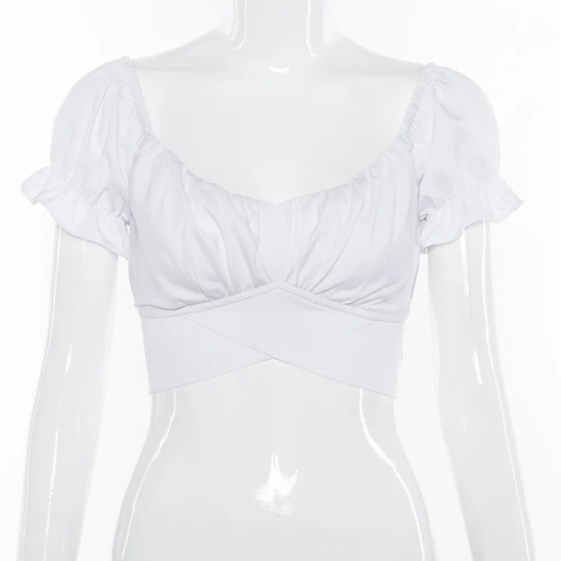 

Summer back strap hollow square neck short sleeve T-shirt women