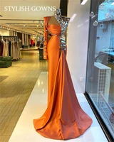 elegant orange high neck evening gown beaded pleats formal night dress with long sleeve wedding guest dresses for women robe de