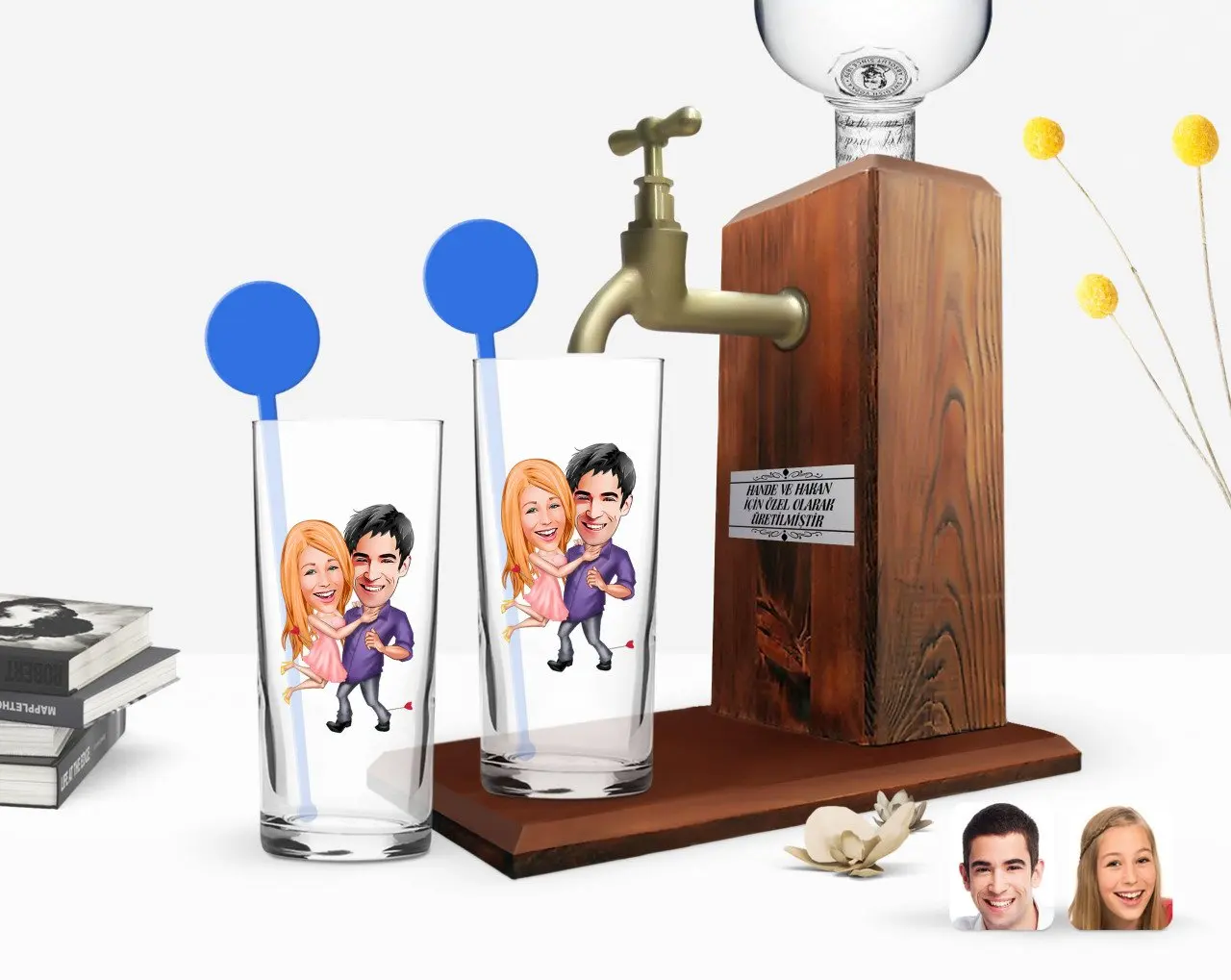 

Personalized Colorful Printed Valentine Caricature Of Dual Vodka cup And Wood Vodka Stand Gift Seti-3