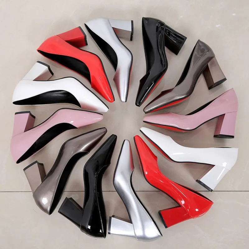 

2021 Spring Fashion High-heeled Single Shoes Women Shallow Mouth Pointed Patent Leather Thick Heel Candy-colored Women's Shoes