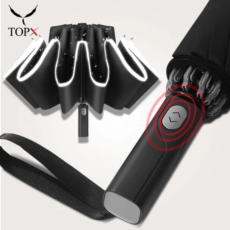 

Windproof Reverse Automatic Umbrella Rain Women Men Car Large Business 3Folding Umbrellas 10 Ribs Reflective Stripe Gift Parasol