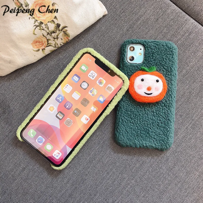 Cartoon phone case For iphone 11 Pro Max XS XR 7 8 plus Plush Warm Cases Cute Fruit Oranges Silicone Cover Christmas Coqu | Мобильные