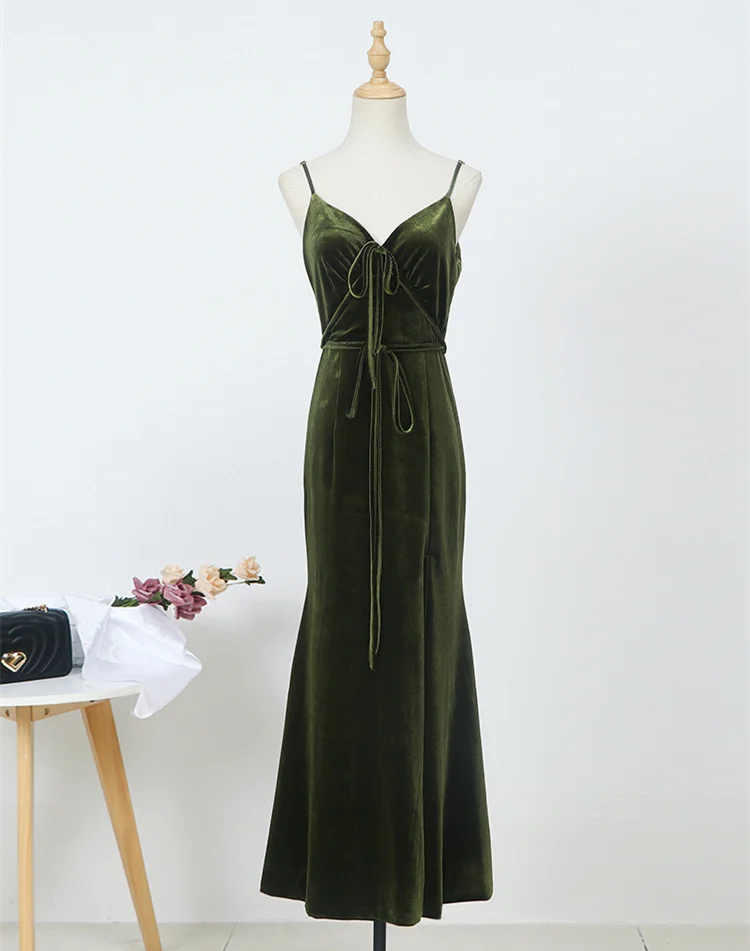 Женское бархатное платье-комбинация Макси-платье болотного цвета с V-образным