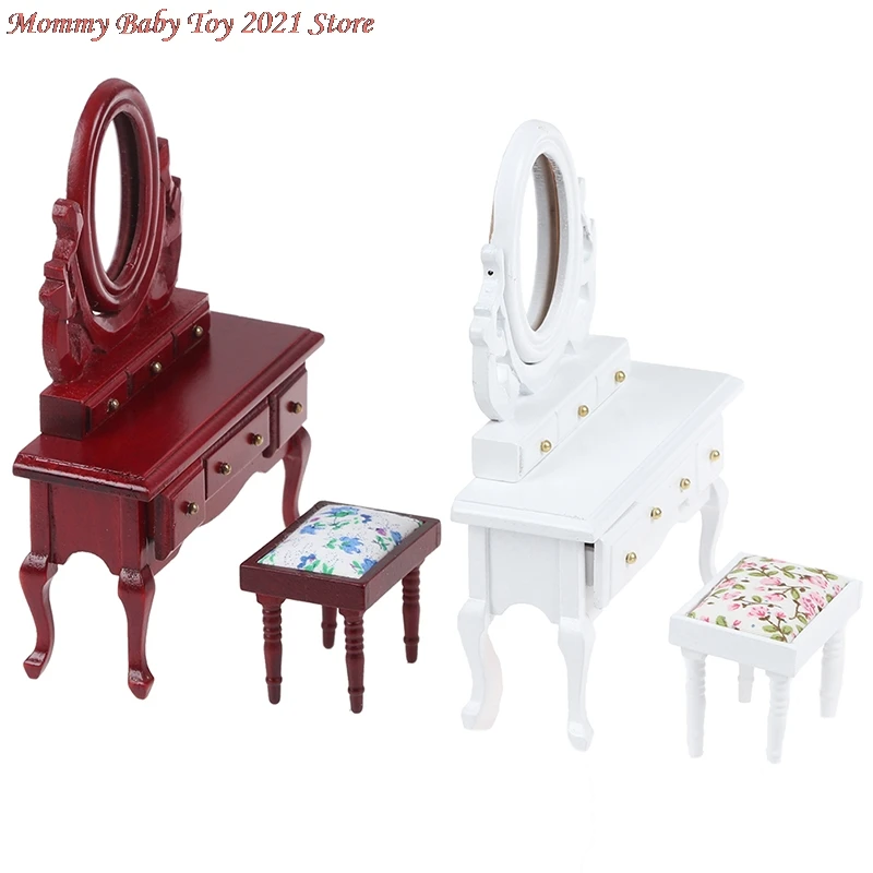 

1 set 1:12 scale Dollhouse Furniture Toys Wood Dresser Stool Set for Doll House Bedroom Decor