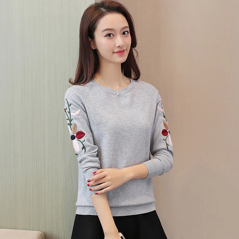 

2020 Fashion Women Autumn Spring Embroidery Flower Sweater Pullovers Korean Casual Female Loose Knitted Sweaters Pullover R62