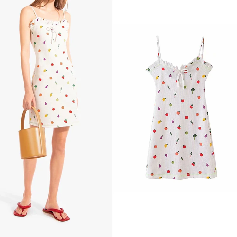 Женское трикотажное платье без рукавов za белое на бретельках с принтом фруктов