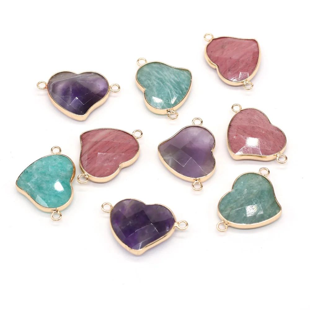 

Natural Stone Pendant Connectors Heart Shape Faceted Amazonite Rhodochrosite Amethysts Stone Charms for Jewelry Making Necklace