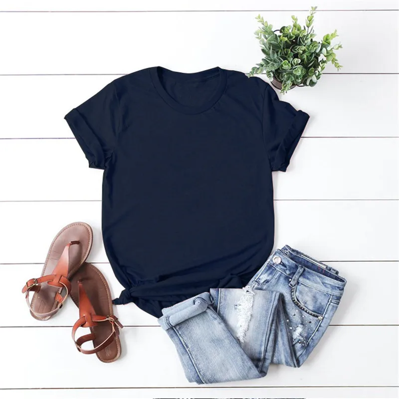 

2021 European and sk American ladies loose solid color round neck short sleeve T-shirt 1913