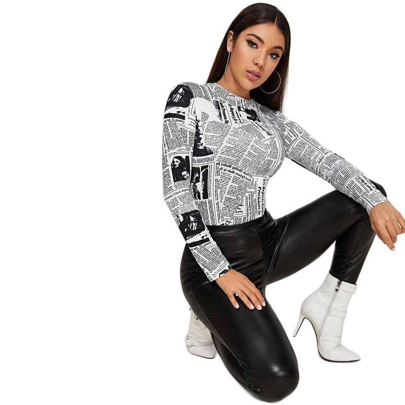 SHEIN Женская Повседневная футболка с буквенным принтом и круглым вырезом на весну и осень, облегающие уличные футболки с длинным рукавом