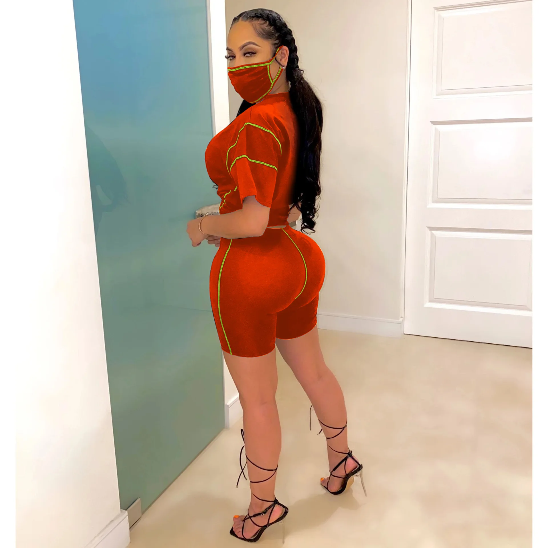 

HAOOHU Sport Women Moto Biker With Mask Three Piece Set Tee Tops Shorts Jogger Sweatpants Suit Tracksuit Matching Set Outfit