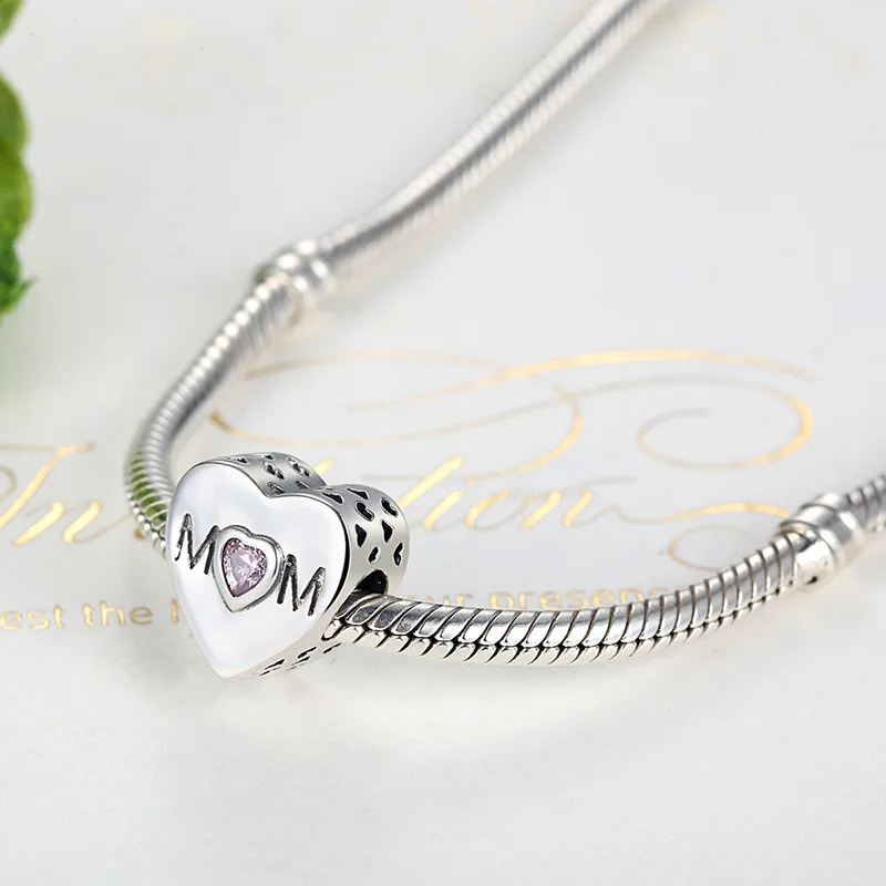 Круглый 925 серебро белый циркониевый шарик мама сердце очаровательный подрходит