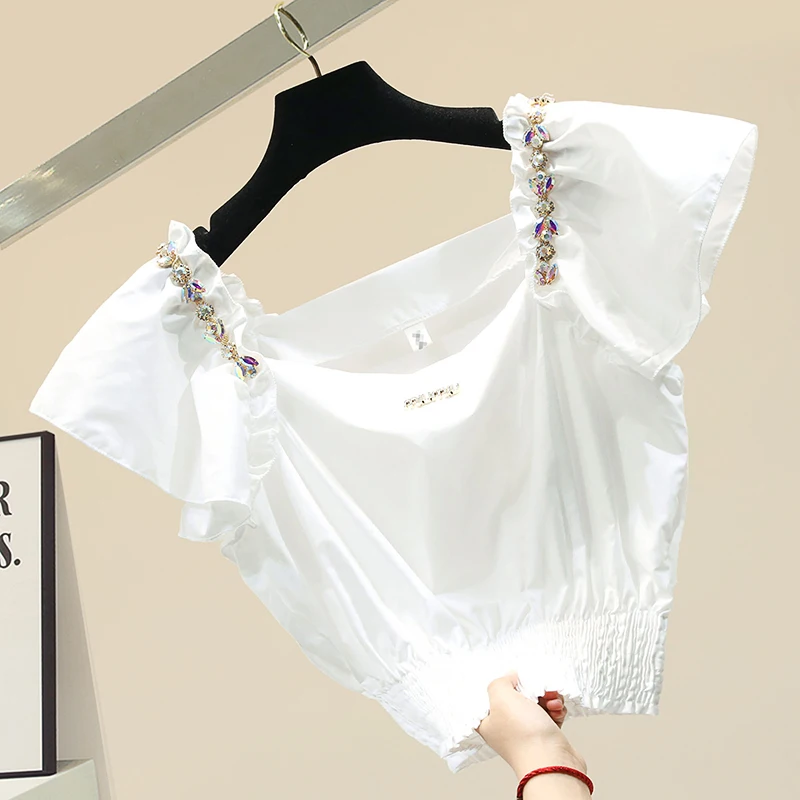 

Женская шифоновая блузка, Летняя короткая блузка, с квадратным вырезом и коротким рукавом, украшенная бисером, 2020