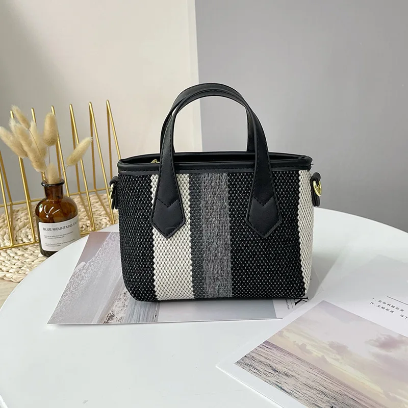 

2021 New Women's Bag Trendy Canvas Small Bag Simple Personality Striped Bucket Bag Retro Stiletto Bag Handbag