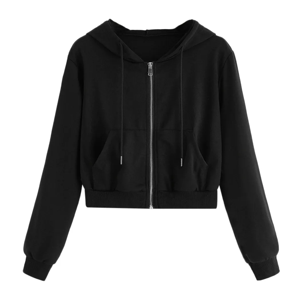JAYCOSIN Women Sweetshirts Casual Solid Long Sleeve Zipper Pocket Shirt Hooded Sweatshirt Long Sleeve Tops Moletom Feminino