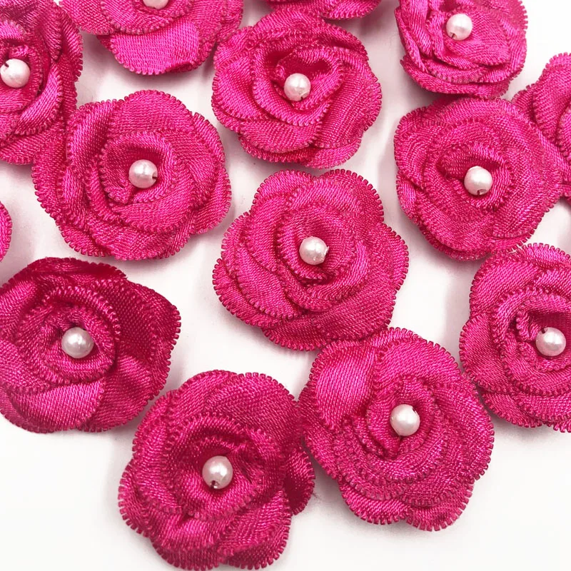 Fushia 10 шт. атласные Ленточные банты цветочные с жемчужные свадебные аппликации «сделай сам» upick A006 - Цвет: Fushia