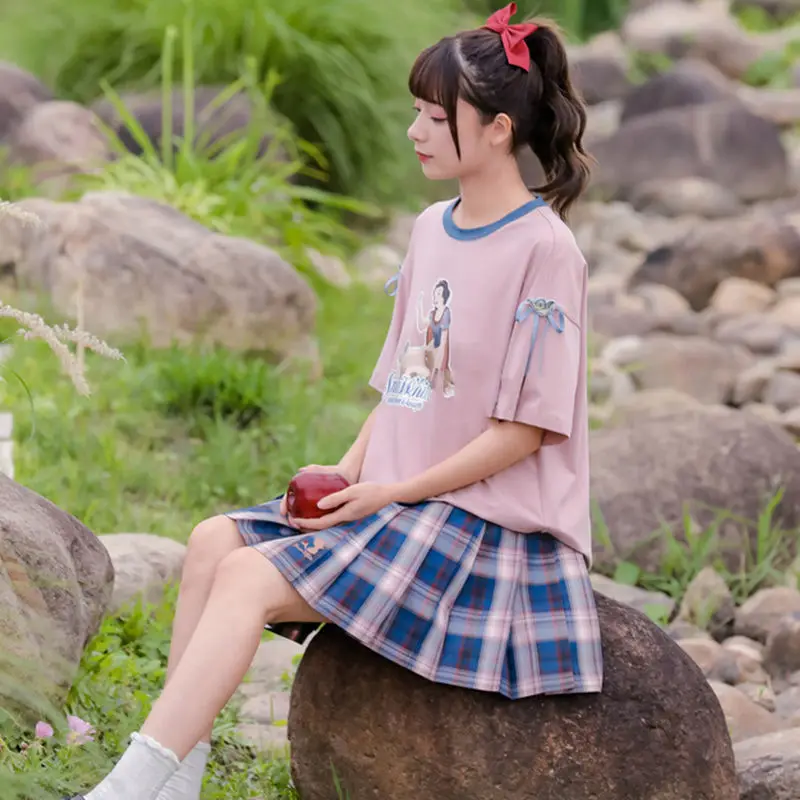 

Disney Summer Student Fresh Short Sleeve Loose Clothes Snowyprincess Lace-up Original Mori Girl Tribe Cotton T-shirt