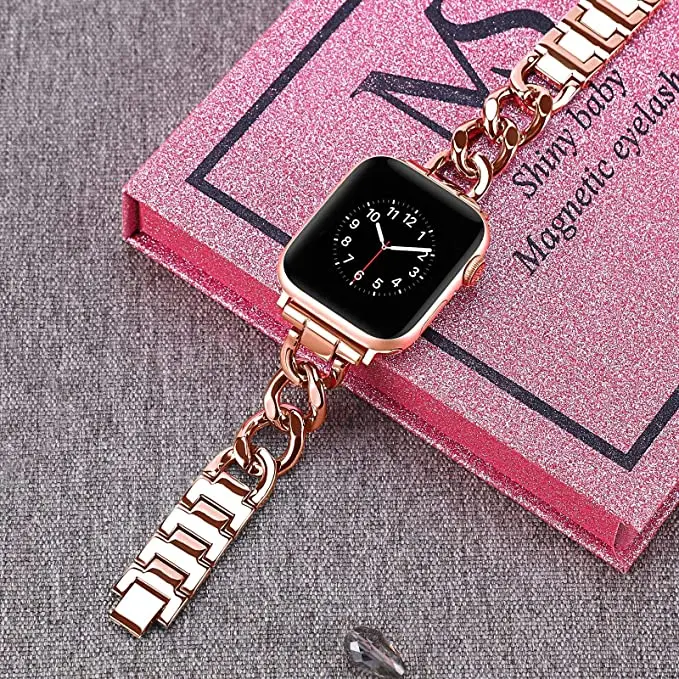 

For Apple Watch 6 Band 38mm 40mm 42mm Stainless Steel Metal Bracelet iWatch 5/4/3/2/SE girls metal single row chain strap 44mm