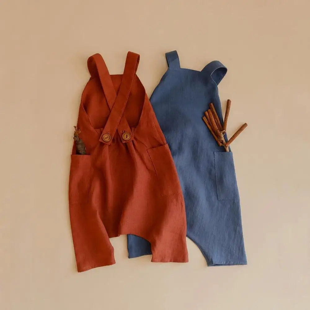 Летняя детская одежда льняные ремни комбинезоны для девочек с пуговицами