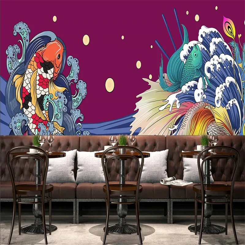 Custom Large HD Japanese Ukiyo-e Koi Surf Wall Paper 3D Hotel Sushi StoreJapanese Restaurant Industrial Decor Mural Wallpaper 3D