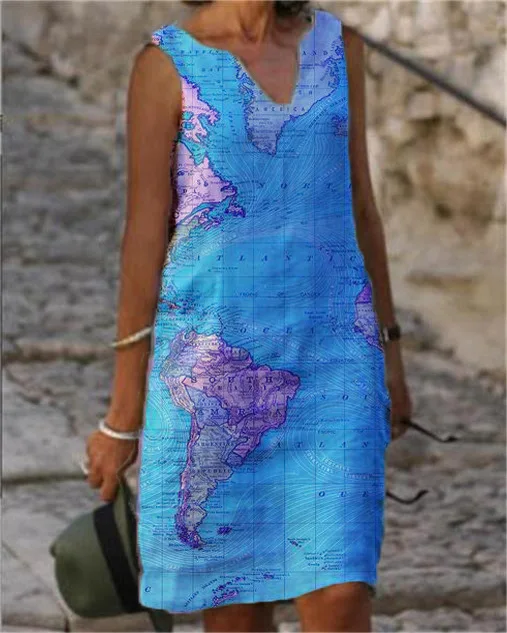 

World Map Printed Dress Women Office Sundress Sexy Sleeveless Print Mid-length Dresses Ladies Summer Casual Womens Clothing
