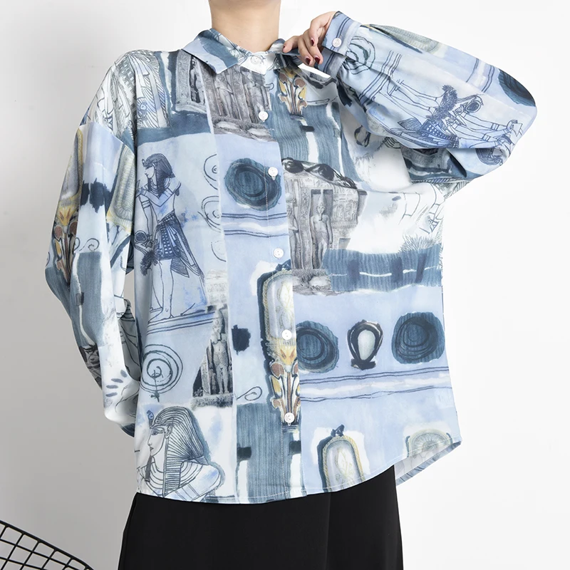

[EAM] Women Blue Pattern Printed Big Size Blouse New Lapel Long Sleeve Loose Fit Shirt Fashion Tide Spring Autumn 2021 1Z38905