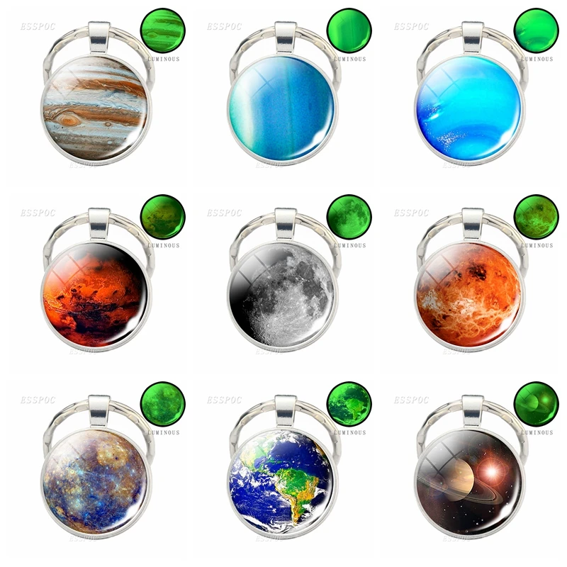 

Hot New Fashion Solar System Jewelry Earth Moon Jupiter Mars Mercury Luminous Glass Dome Pendant Keyring Planet keychain