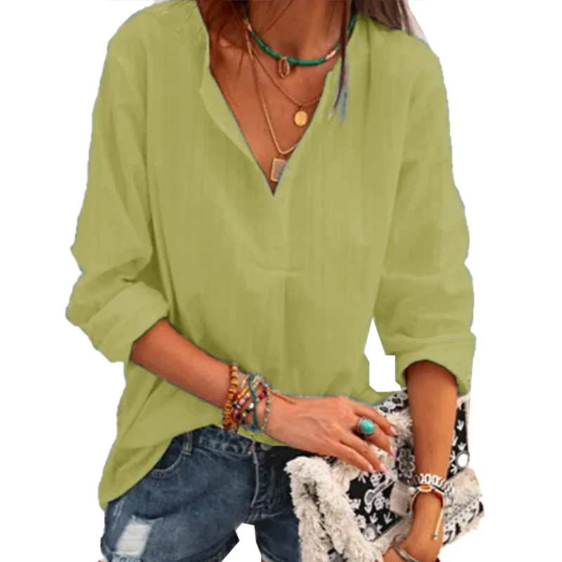 

Striped Cotton Linen Women Blouses V neck Long Sleeve Woman Blouses Tops 2021 Summer Casual Office Lady Loose Fashion Clothes