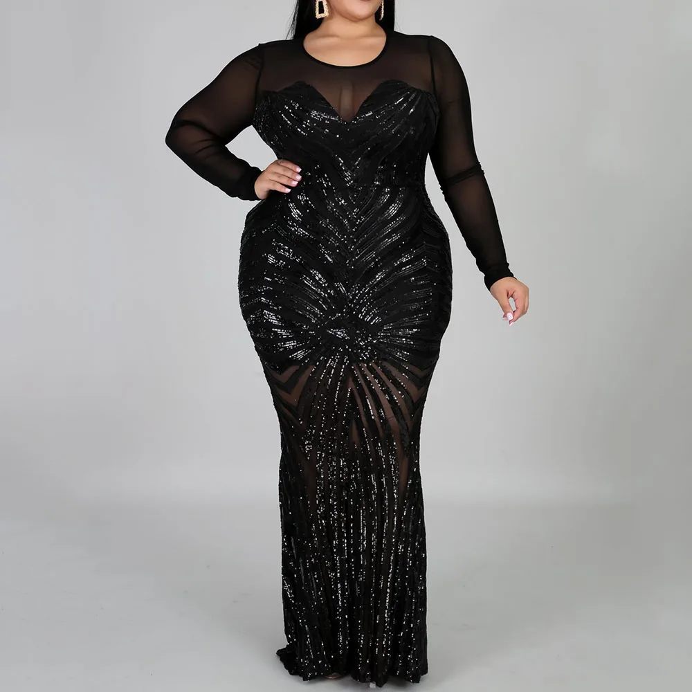 Женские сексуальные вечерние платья осень весна длинный рукав блестки сетка