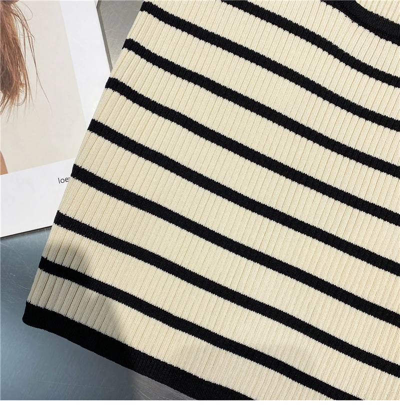 

2021 Summer New Korean Style All-Matching Sleeveless Knitwear Slimming Embroidered Sexy Striped Tops Off-Shoulder Knitted Vest