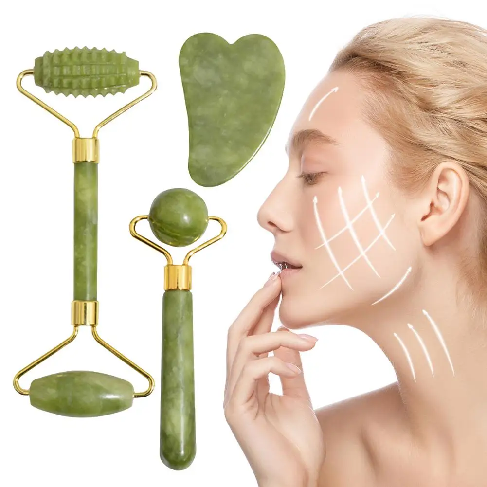 

Natural Facial Massage Roller Guasha Scraping Board Set Double Heads Jade Stone Face Lift Body Slim Neck Thin Lift Massage Tools