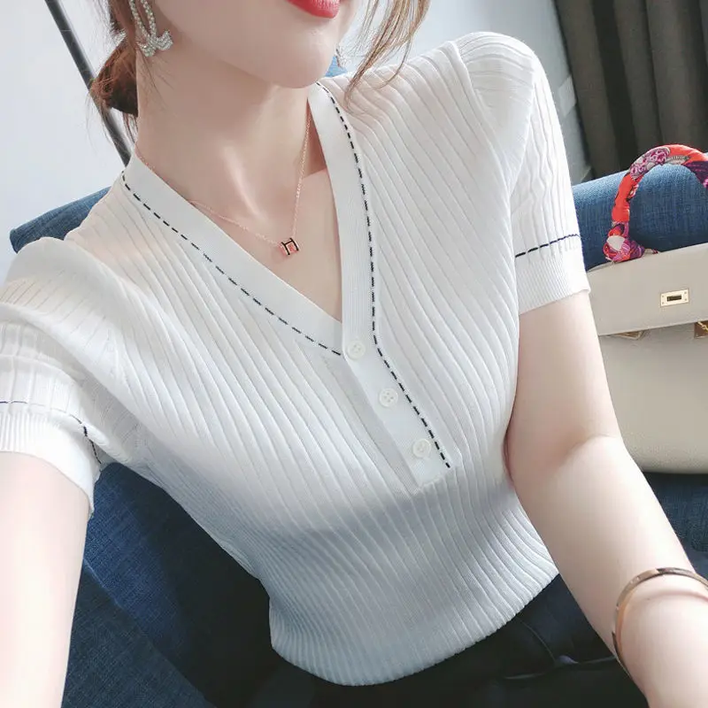 

Knitted short sleeve women's summer 2020 new student Korean loose sweater large size versatile slim top