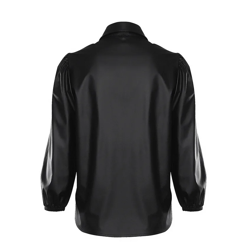 Женская винтажная блузка из искусственной кожи черная однобортная Повседневная