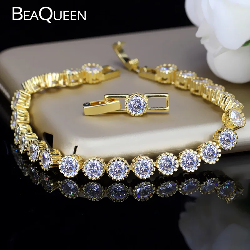 

BeaQueen Brand Round Cubic Zirconia Stone Tennis Bracelets Bangles Luxury Yellow Gold Color Women Jewelry for Gift B052