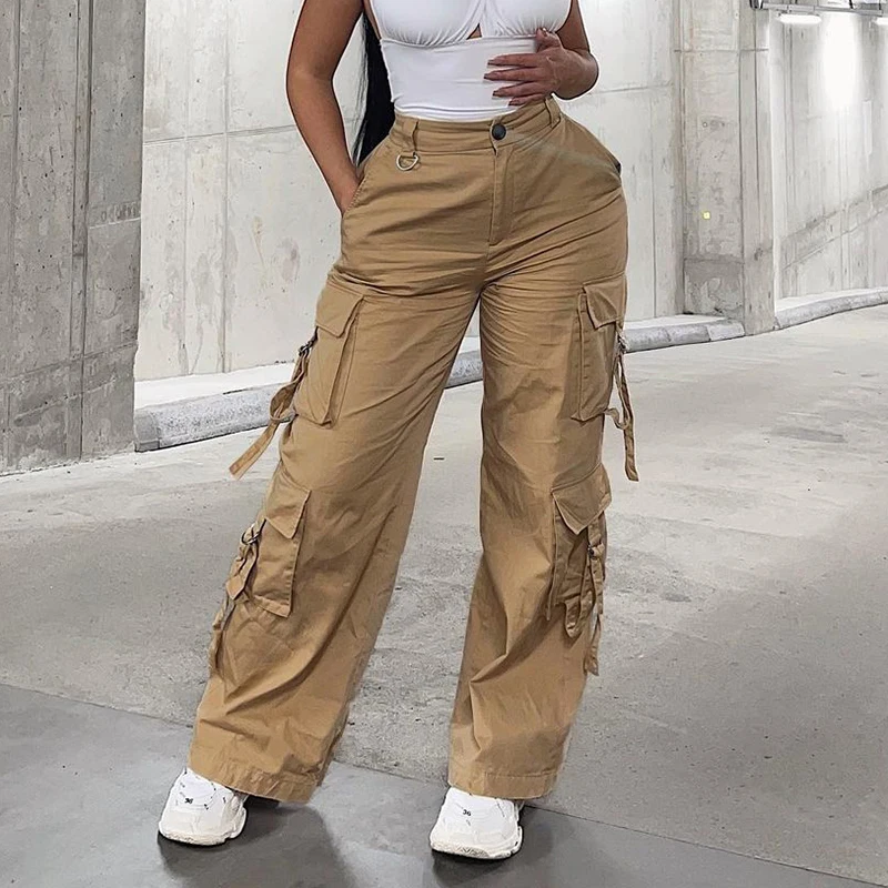 

Уличные брюки-карго WeiYao 2021, брюки хаки с высокой талией и широкими штанинами, мешковатые джинсы для мам, Женские винтажные брюки из денима с ...