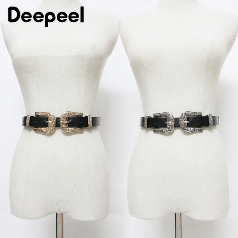Deepeel 1pc Vogue Double Buckle Head Retro Belts for Women Wild Decorative Dress Jeans PU Waistband Luxury Women's Belt YB077 |