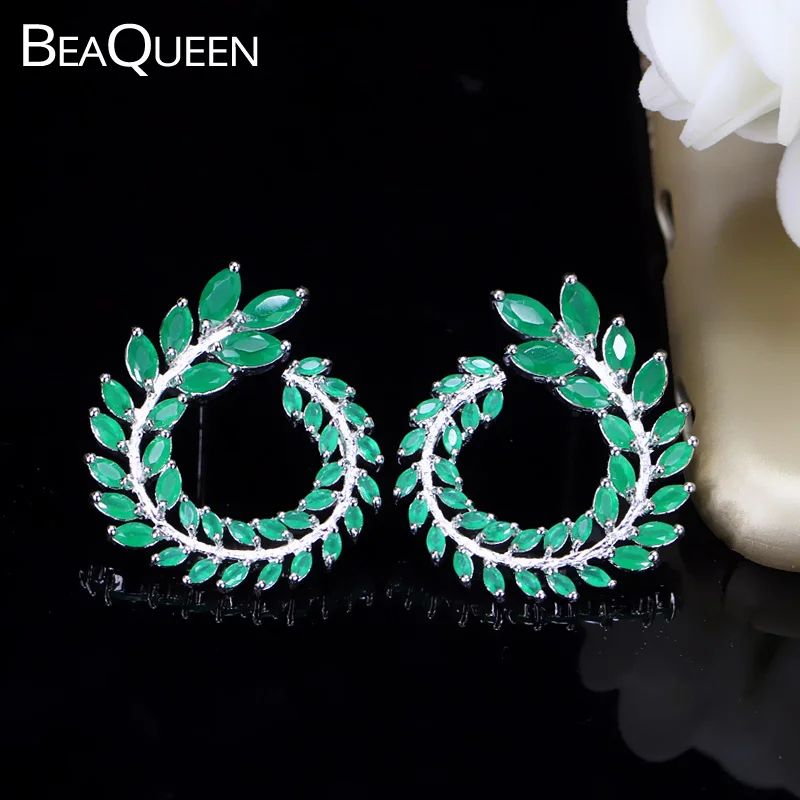 Женские Крупные круглые серьги гвоздики BeaQueen в форме листьев зеленой оливковой