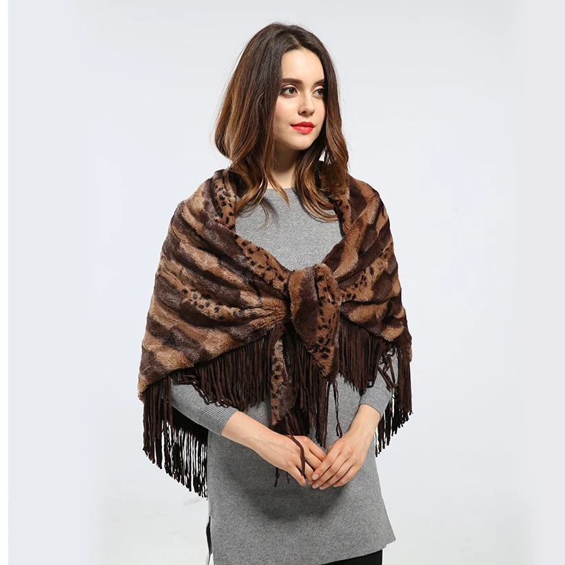 Новинка Вязаная Шаль из кроличьего меха женская мода треугольное меховое пончо