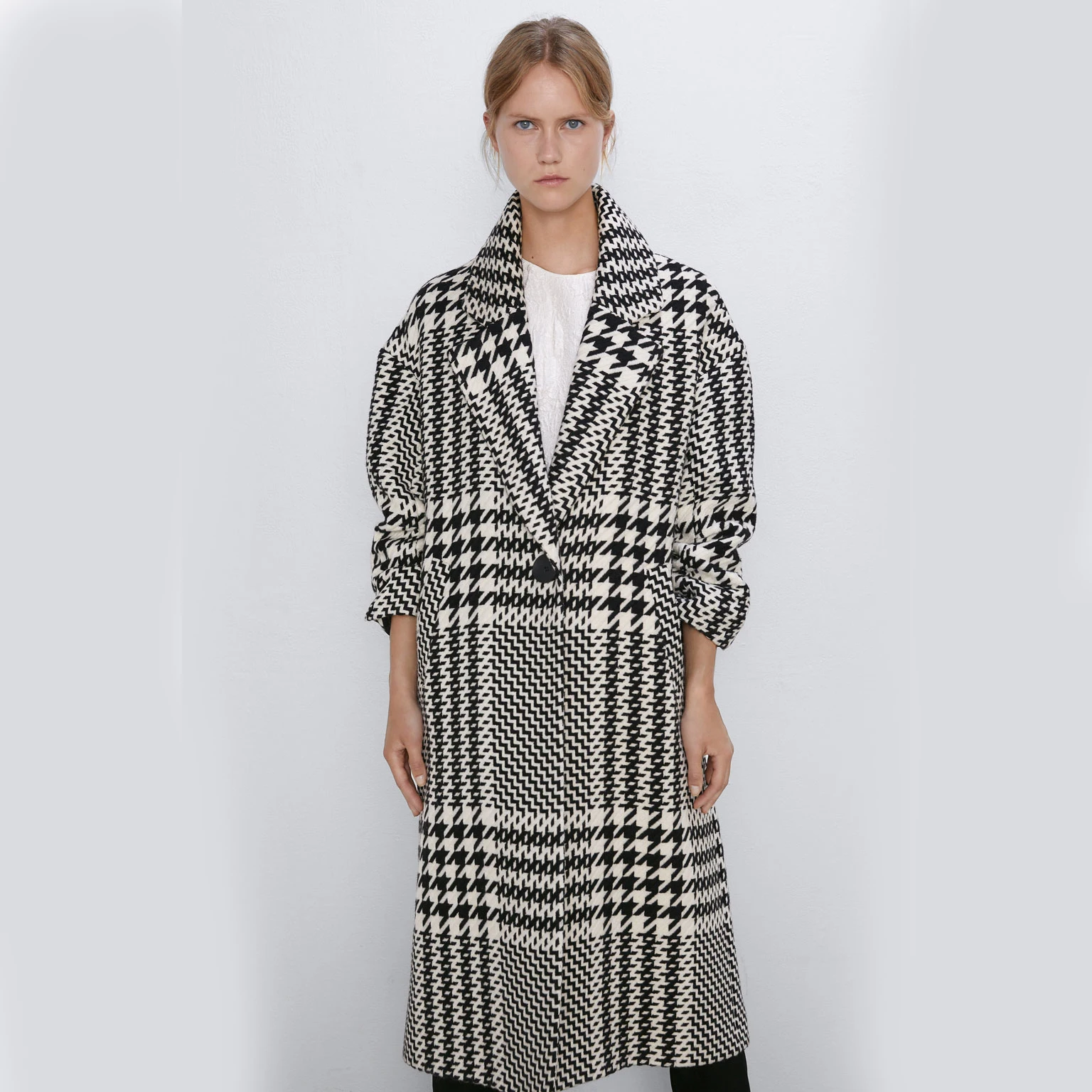ZA Houndstooth шерстяное Женское пальто 2020 зима осень Длинное свободное клетчатое с