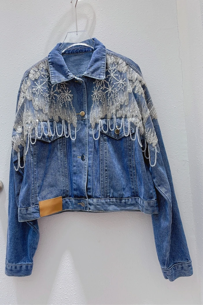 

Sweet Cool Fashion Women Beaded Lace Appliques Patchwork Denim Jacket Lapel Long Sleeve Blue Top