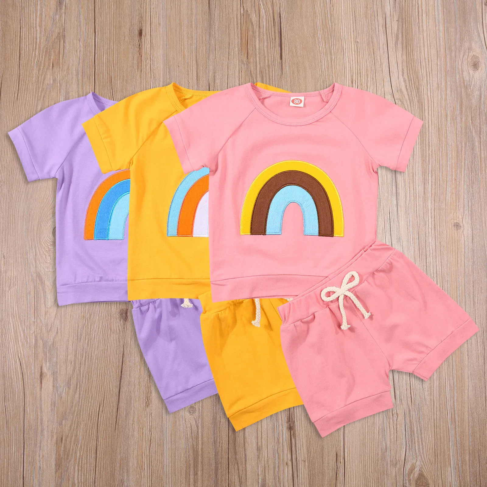 

OPPERIAYA 2Pcs Toddler Summer\u00a0Casual Tracksuits Rainbow Print O-Neck Short Sleeves T-Shirts Ruffled Shorts for Baby Girls
