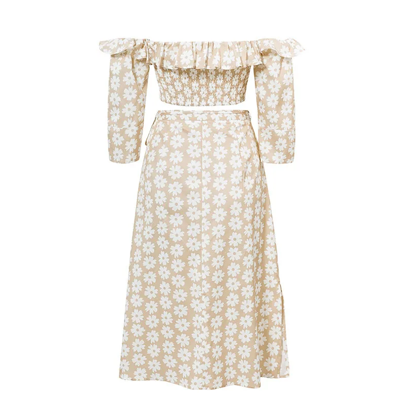 

Sexy Floral Print Beach Dress Women Off Shoulder Dress Two Piece Suit Elegant Ruffle Summer Dresses Ladies Party Dresses
