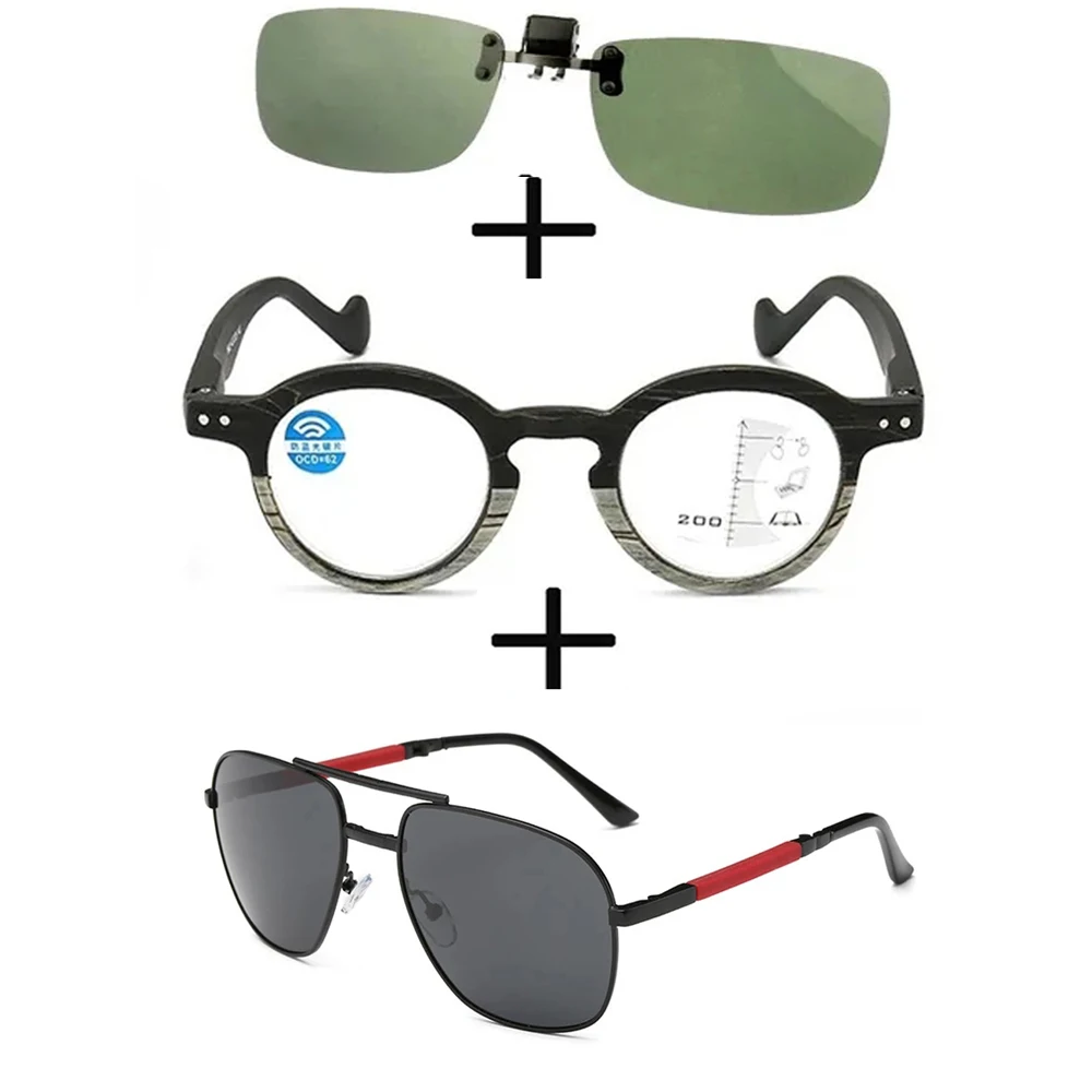 

3Pcs!!! Progressive Multifocal Far and Near Reading Glasses Men Women + Polarized Sunglasses Pilot Foldable + Sunglasses Clip