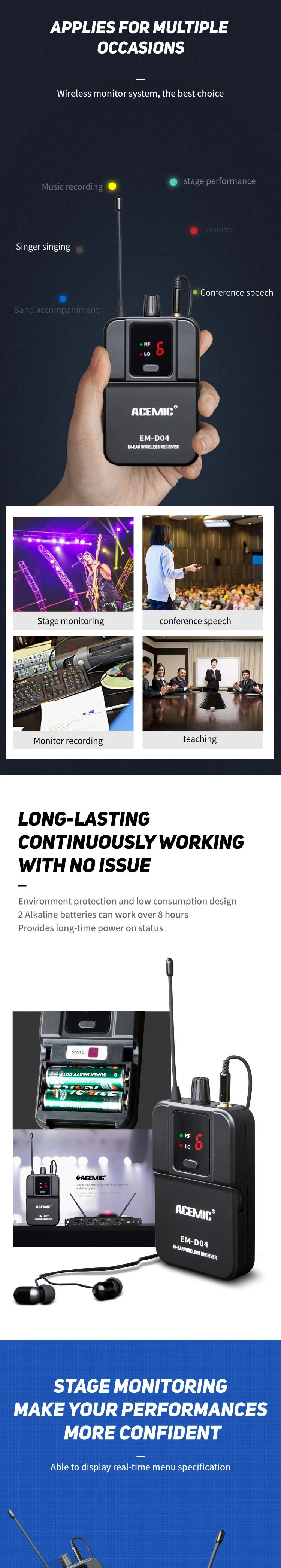 Новейший Acemic EM-D04, первый четырехканальный беспроводной монитор в ухо, система, поясной микрофон для сценического обучения