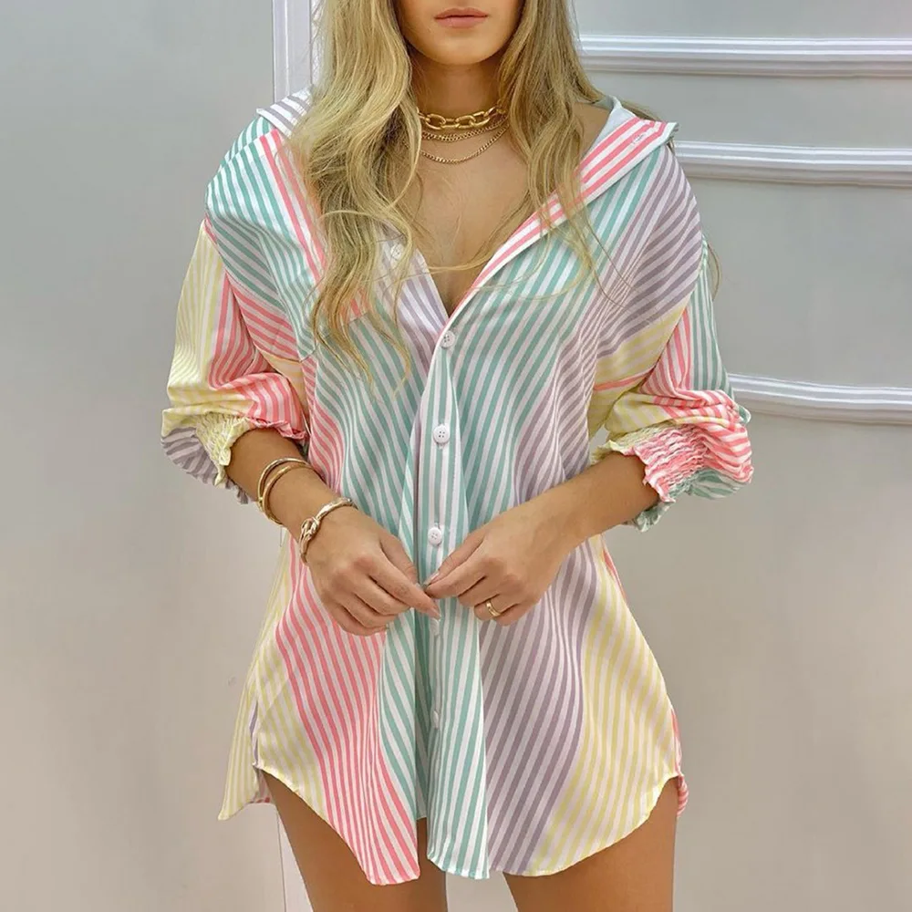 

2021 New Hot Summer Fashion Women Casual Color Striped Button Front Dress Ladies Sexy Vacation Beach Dress Plus Size Streetwear
