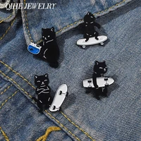 skateboard black cat enamel pin cartoon animal brooch lapel clothes backpack hat sweater badge jewelry women kids wholesale gift