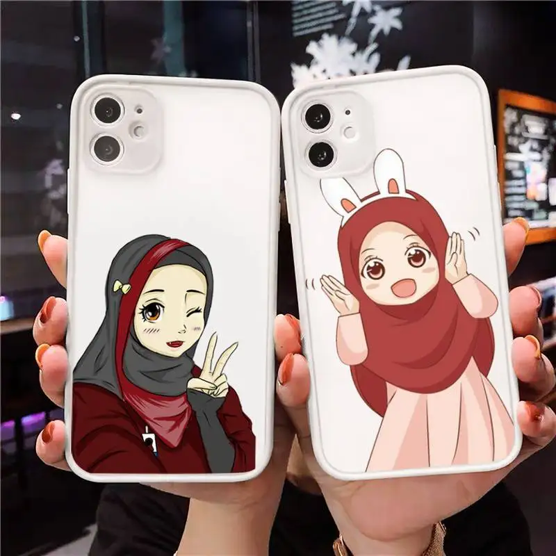 

Muslim girl cute cartoon Phone Case Matte Transparent for iPhone 7 8 11 12 s mini pro X XS XR MAX Plus cover funda