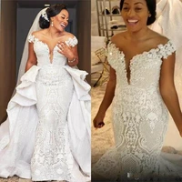 african country wedding dresses with detachable train off shoulder royal train sweetheart mermaid lace applique bridal gowns